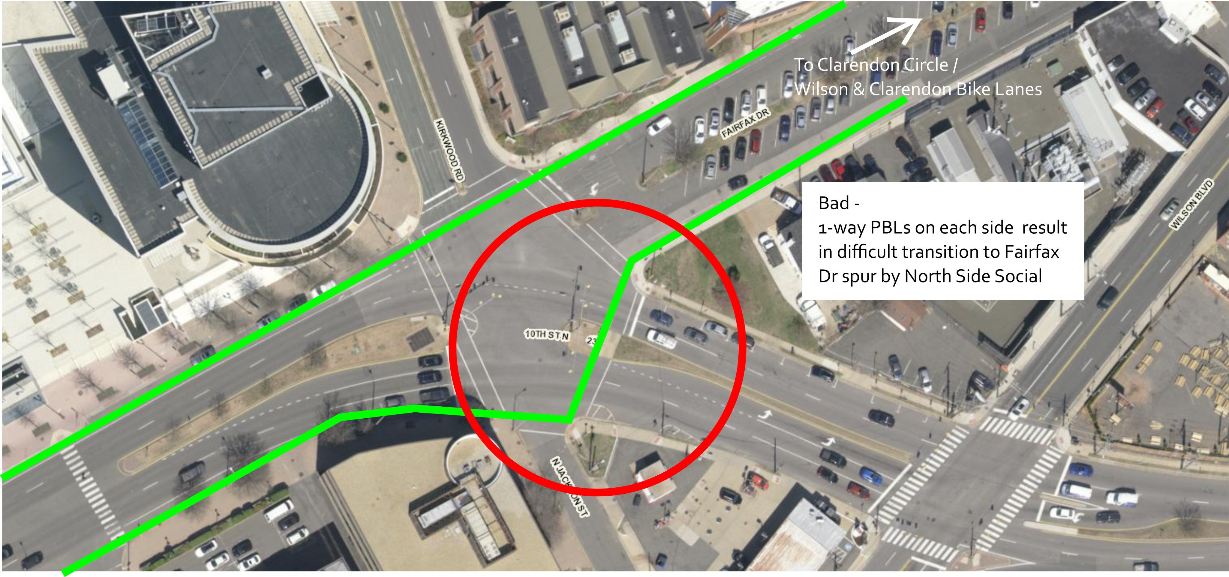 Bad: The map demonstrates how in a pair of 1-way PBLs, the eastbound cyclists would need to make an awkward and poorly-supported left turn to get onto the Fairfax Drive spur behind North Side Social.